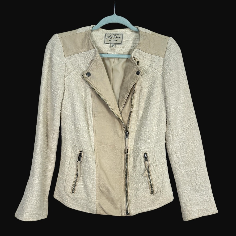 Lucky Brand Womens XS Cream‎ Tweed Moto Jacket Leather Trim Ivory Tan Mixed